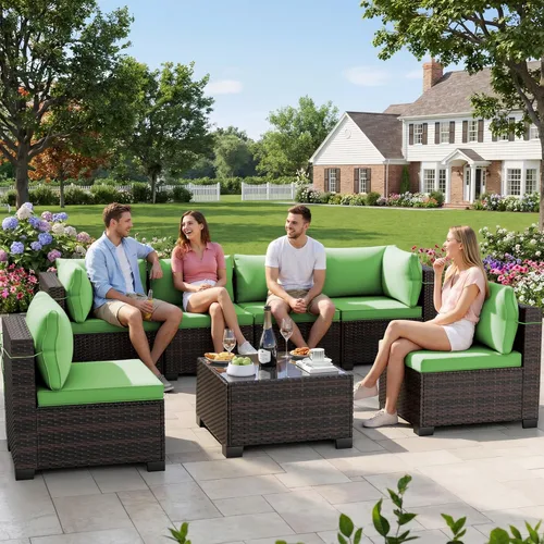Miniatura 16 de LEVELEVE Juego de muebles de patio al aire libre, sofá seccional de conversación de ratán de tejido manual con mesa de centro de vidrio templado