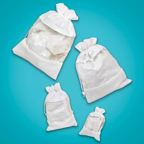 Miniatura 4 de Paquete de 12 bolsas de regalo medianas de lino, arpillera y organza con cordones (5 x 7 pulgadas, blanco) - Bolsa de malla para recuerdos