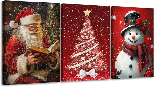 Miniatura 17 de Pennimor Lienzo decorativo para pared de Navidad, juego de 3 marcos de 12 x 16 pulgadas, decoración navideña a cuadros rojos y negros, póster