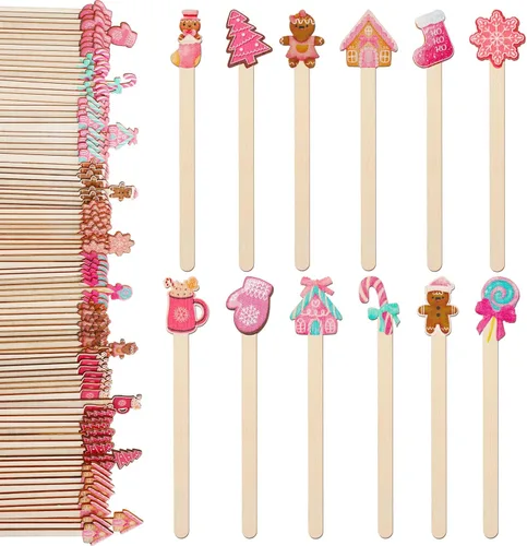 Miniatura 10 de Jinei 120 unidades de palillos de café de madera de Navidad, palillos de cóctel de madera para café, agitadores desechables para bebidas