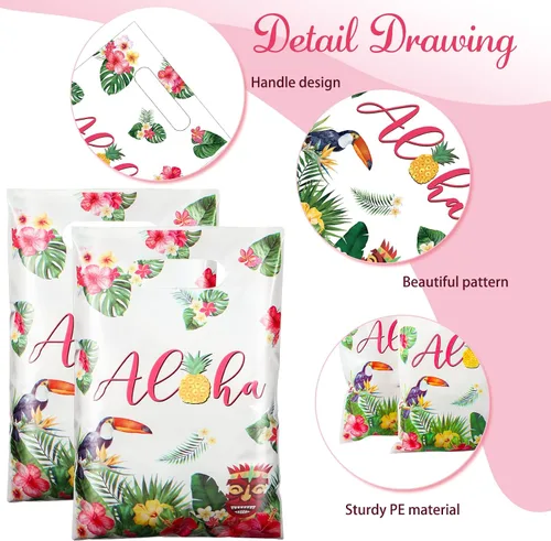 Miniatura 3 de PerKoop 100 bolsas de regalo hawaianas de plástico Aloha bolsas de regalo Luau para fiestas con asas para verano, tropical, cumpleaños, vacaciones
