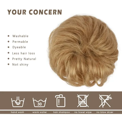 Miniatura 4 de BARSDAR Extensión de moño 100% humano – Cabello humano real rubio desordenado moño coletero para mujer – Extensiones elásticas onduladas