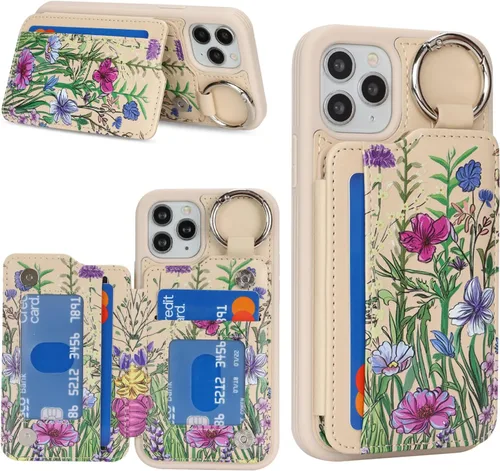 Miniatura 16 de Havaya Funda para iPhone 11 Pro Max con tarjetero y llavero, soporte de cuero, a prueba de golpes, con ranuras para tarjetas de crédito, cremallera