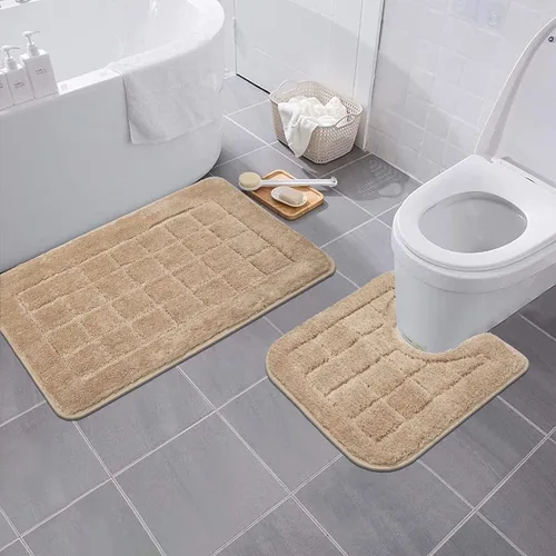 Miniatura 2 de HEBE Juego de Alfombras de Baño de 2 Piezas Beige Antideslizantes Combo de Alfombra de Contorno de Baño de Microfibra Tapete de Baño y Ducha