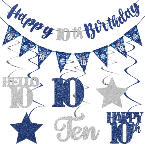 Decoración de cumpleaños número 10 azul y plateado para niños y niñas, cartel de feliz cumpleaños número 10, estrellas de diez años, espirales