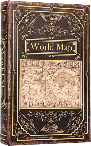 Caja de libros falsos estilo vintage, caja de almacenamiento de libros decorativa, caja de madera con patrón de mapa retro para almacenar postales,