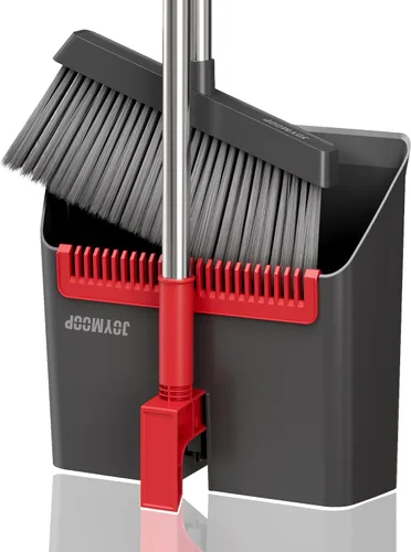 Miniatura 10 de JOYMOOP Juego de escoba y recogedor blanco, diseño angular vertical con dientes de peine incorporados para cocina, oficina, pelo de mascotas, suelos