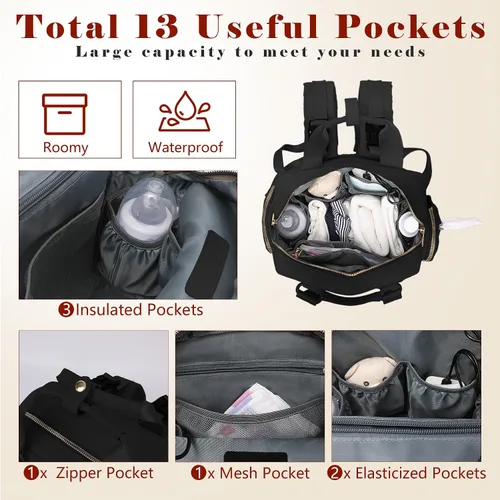 Miniatura 5 de Mochila para pañales de viaje con cambiador, 13 bolsillos, bolsillos aislados, puerto de carga USB, artículos esenciales para baby shower