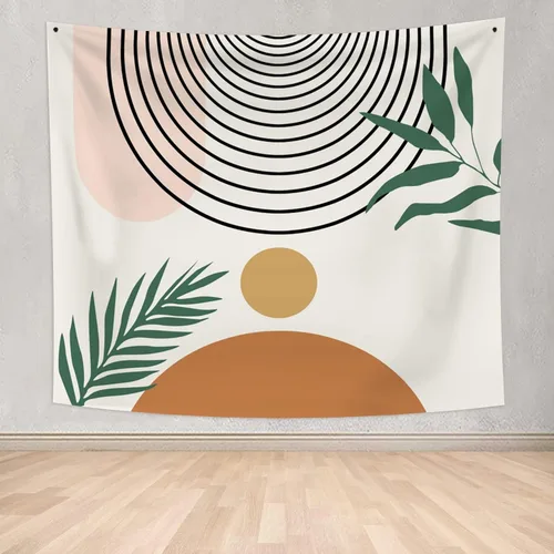Tapiz bohemio de mediados de siglo, moderno abstracto geométrico, tapiz con diseño de arco de sol, hojas verdes, tapices para colgar en la pared, 59