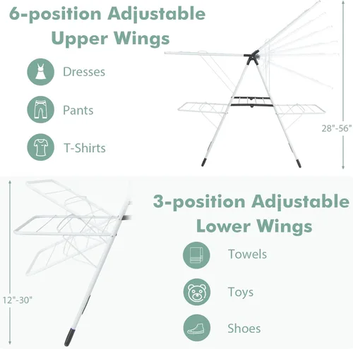 Miniatura 3 de Giantex Estante de secado de ropa, 2 capas de acero inoxidable plegable, con altura ajustable de 6 niveles, clips útiles, ahorro de espacio, Blanco