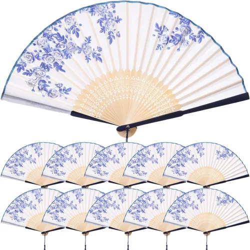 Miniatura 7 de QIRMIZI 10 ventiladores de mano, abanicos plegables de seda, abanicos plegables florales para cumpleaños, baile, cosplay, bodas, fiestas y eventos