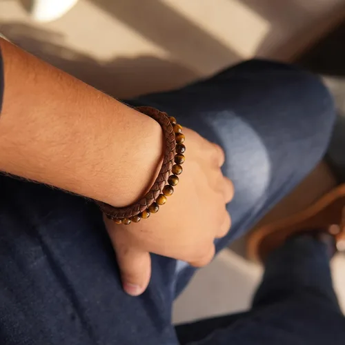 Miniatura 30 de RTZN® Brown Leather Bracelet for Men – Premium Artisan Handcrafted Mens Leather Bracelet – Multi-Stand Mens Bracelet Leather Collection Beaded