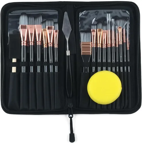 Miniatura 5 de Transon Kit de 20 pinceles de pintura artística con estuche de almacenamiento, 16 pinceles + espátula de esponja para aceite acrílico, acuarela