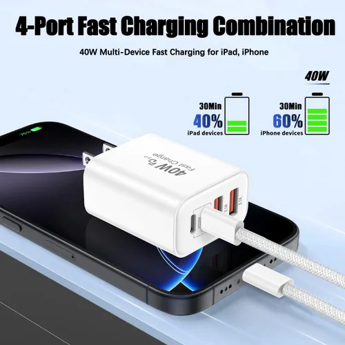 Miniatura 2 de Cargador para iPhone 17 de carga rápida, bloque de cargador USB C de 4 puertos, paquete de 2 cargadores de Apple de 40 W con cable trenzado USB C a