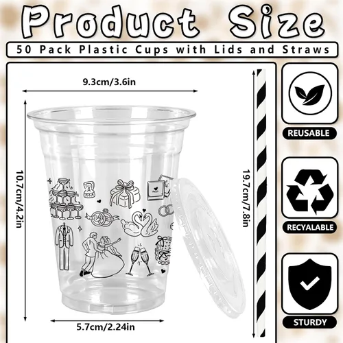 Miniatura 2 de Whaline Juego de 50 vasos de plástico para boda con tapas, popotes negros, para novia, novio, champán, desechables, tazas de café helado