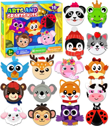 Paquete de 16 Artes y Manualidades para Niños, Manualidades para Niños Pequeños Kit de Arte de Platos de Papel de Animales Regalo para Niños y Niñas