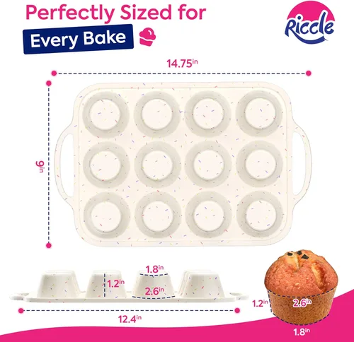 Miniatura 2 de RICCLE Moldes de silicona para magdalenas para hornear con marco reforzado de metal, molde para magdalenas de 12 tazas, 2 bandejas para magdalenas