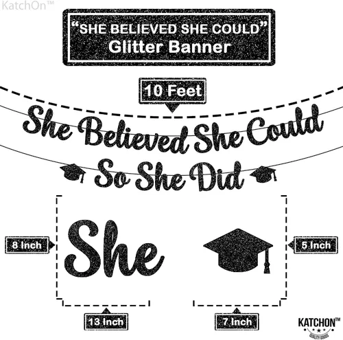 Miniatura 4 de KatchOn, Cartel de She Believed She Could So She Did, con purpurina, 10 pies, sin bricolaje, pancarta negra para decoraciones de graduación 2026