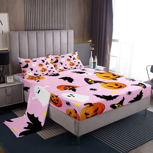 Miniatura 8 de Manfei Juego de sábanas de Halloween tamaño individual, juego de ropa de cama de farol de calabaza fantasmas para niños y niñas, decoración
