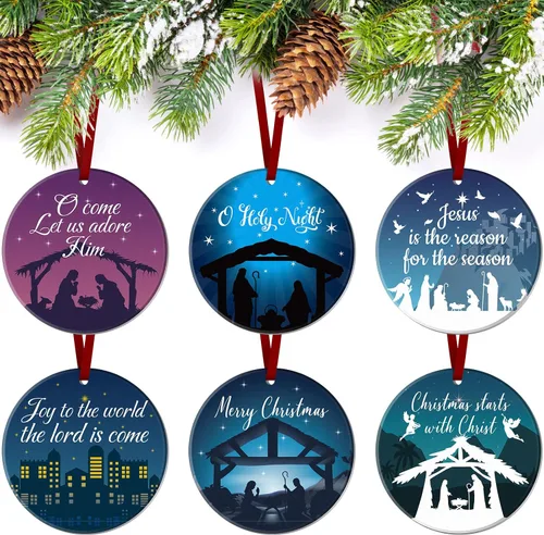 Miniatura 8 de Karenhi 6 piezas de adornos navideños de escena del nacimiento de Jesús, regalos religiosos, adorno navideño colgante de cerámica, escena