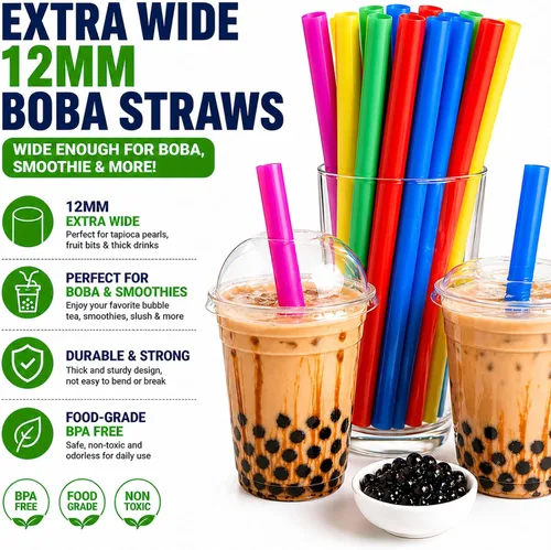 Miniatura 3 de 100 pajitas de plástico extra grandes para té de burbujas y batidos, pajitas de 1/2" de ancho x 8 1/2" de largo para boba