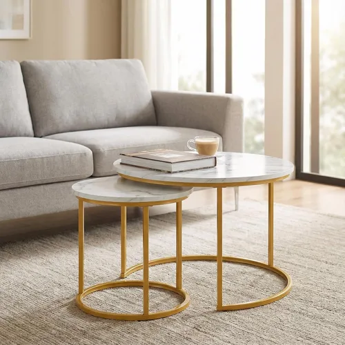 Miniatura 8 de Juego de 2 mesas de centro redondas anidadas, mesas anidables de madera con patrón de mármol moderno, mesa auxiliar apilable minimalista para sala