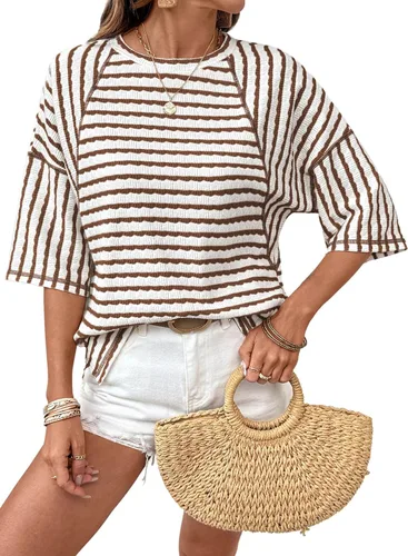 Miniatura 22 de Dokotoo Camisetas de verano para mujer, camisetas de gran tamaño para mujer, a rayas, bloques de color, manga corta, cuello redondo, blusas casuales