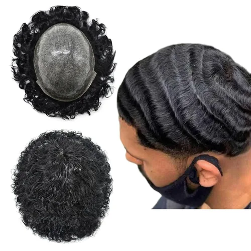 Miniatura 12 de Tupé rizado afro para hombres negros Full Poly African American Curl sistemas de cabello humano inyectado PU Coily Male Hairpieces Poly Hair