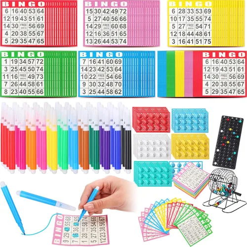 Thyle El juego de bingo de 625 piezas incluye bandeja de almacenamiento de jaula rodante, 75 bingoballs, 500 tarjetas de bingo y marcadores de