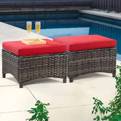 Miniatura 7 de Juego de 2 otomanos para exteriores para patio, con marco de acero de mimbre de polietileno, reposapiés para exteriores con cojines de olefina Beige