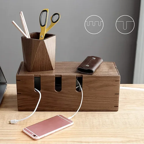 Miniatura 5 de Caja organizadora de cables de madera, caja de almacenamiento de cables de escritorio, caja de gestión de cables para proteger y ocultar el cable