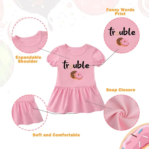 Miniatura 3 de YSCULBUTOL Conjunto de mameluco para bebé gemelas, doble problema, dulce donas, trajes para niña, vestidos de hermana, mameluco con diadema