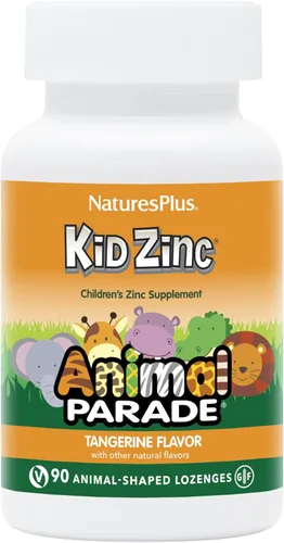NaturesPlus Animal Parade KidZinc, sabor a mandarina, 90 pastillas con forma de animal, zinc quelado orgánicamente, vegano, sin gluten, 90 porciones