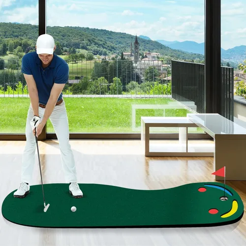 Miniatura 9 de Tangkula Alfombra de golf verde de 10 pies x 3 pies, tapete de golf para práctica en interiores y exteriores con 1 bandera, 3 tazas de putting