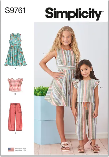 Simplicity Vestido para niños y niñas, top corto y pantalones sin botones, paquete de patrón de costura, código de diseño S9761, tallas 3-4-5-6