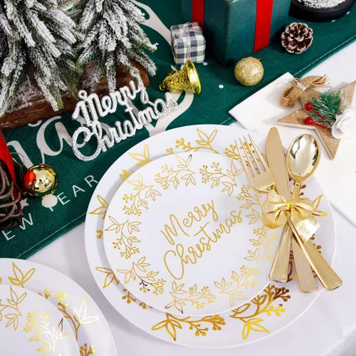 Miniatura 4 de Nervure 175 piezas de platos de plástico de Navidad - Juego de platos desechables blancos y dorados incluye 25 platos de cena, 25 platos de postre