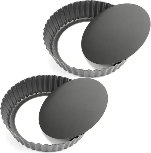 Tosnail Paquete de 2 sartenes profundas para tartas de quiche de 9.5 x 2 pulgadas con fondo suelto extraíble, bandeja para hornear acanalada