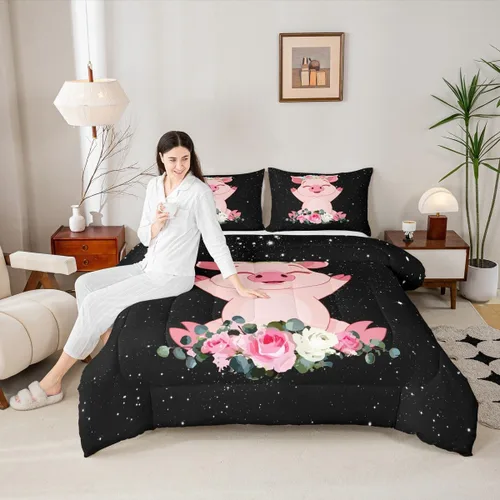 Miniatura 4 de Erosebridal Juego de edredón de cerdo rosa para niñas, decoración de habitación Kawaii, tamaño individual, relleno de edredón de hojas florales