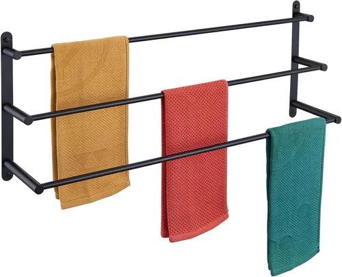 Miniatura 9 de KOKOSIRI Barras de Toalla de Baño Negro Mate para Baño de 3 Niveles con Escalera, Estantes de Toallas Montados en la Pared de Acero Inoxidable