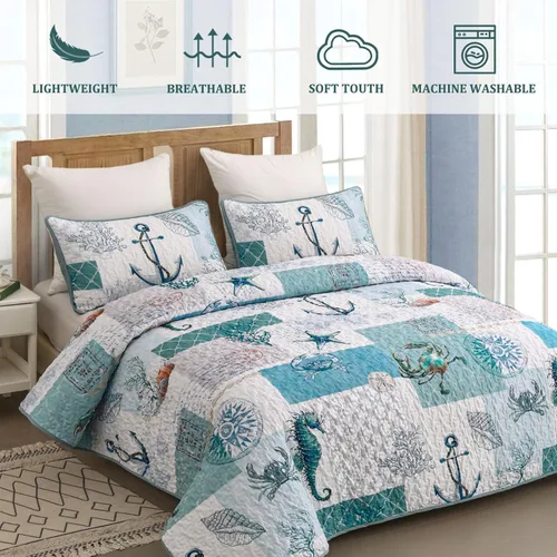 Miniatura 2 de DJY Beach Quilt Set Queen Size,3 Piece Coastal Ocean Summer Bedspread Coverlet Set with 2 Pillow Cases Lightweight Soft Microfiber Nautical Bedding