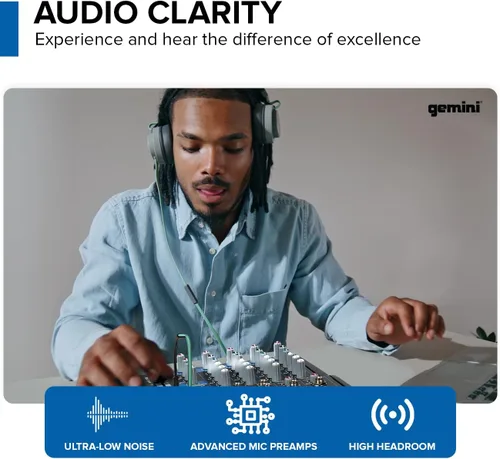 Miniatura 5 de Gemini - Mezclador de audio Bluetooth de 8 canales con reproducción USB, FX, EQ y Phantom Power, mezclador analógico compacto para podcasting