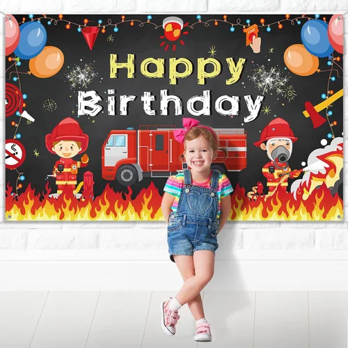 Miniatura 4 de Tatuo Cartel de fondo de fiesta de cumpleaños de camión de bomberos, 71 x 43 pulgadas, decoración de cumpleaños para niños y niñas, decoración