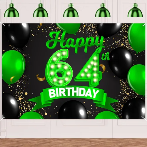 Miniatura 51 de Cartel de feliz cumpleaños 26 verde y negro, telón de fondo con texto en inglés "Cheers to 26 years old confeti", globos de confeti, decoración