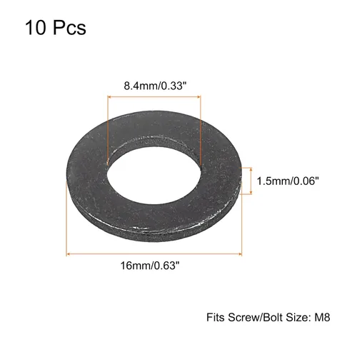 Miniatura 2 de Uxcell Arandela plana de acero al carbono para pernos M8, 10 piezas M8 x 16 x 1.5mm, aleación de acero negro oxidado de grado 8.8, sujetadores