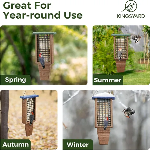 Miniatura 7 de Kingsyard Comedero de Sebo para Pájaros de Plástico Reciclado, Comedero de Sebo de Doble Capacidad con Soporte para Cola para Colgar Afuera, Verde