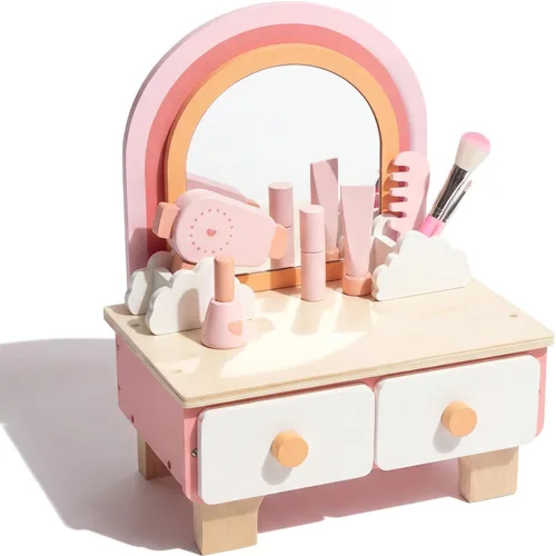 Juego de tocador de madera para niños, juego de simulación con espejo, juego de salón de belleza, incluye accesorios de maquillaje, regalo para