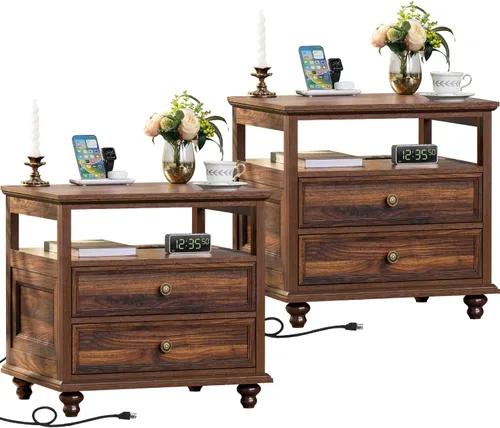 Miniatura 35 de Joaxswe Mesita de noche estilo granja con estación de carga, mesa auxiliar de 61 cm de ancho con 2 cajones, cómoda natural para dormitorio, cómoda