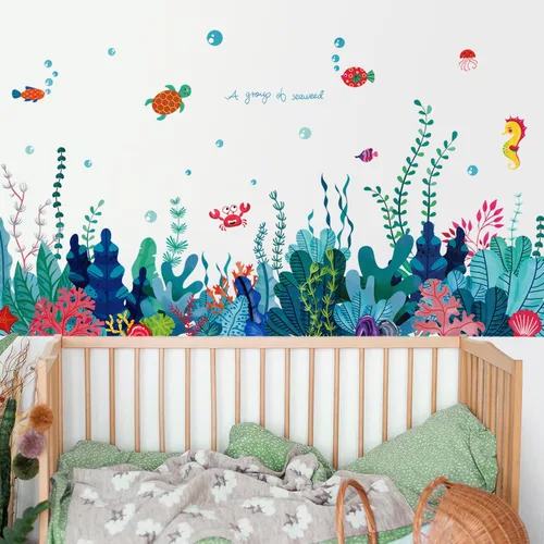 Miniatura 6 de Amaonm - Calcomanías de pared de dibujos animados creativos extraíbles 3D bajo el mar, paisaje de la naturaleza, hierba del océano, colorido, algas