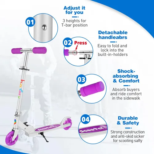 Miniatura 6 de BELEEV V1 Patinetas para niños, patineta plegable de 2 ruedas para niños y niñas, 3 alturas ajustables, ruedas iluminadas, patineta ligera