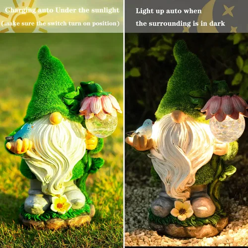 Miniatura 4 de Estatua de gnomo de jardín, divertida decoración de gnomo con luces solares de globo de cristal, adorno de gnomos de resina para patio, césped, Luz